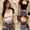 thumbnail image 2 of Solid Color Women Slim Summer Tee Tank Tops Sexy Crop Tops U-Neck T-shirt Sports Vest GREY M, 2 of 8