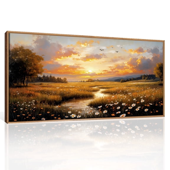 Boho Nature Landscape Canvas Wall Art Framed Rustic Sunset and River Wall Decor Vintage Wildflower Wall Painting for Living Room Bedroom Office 20X40In