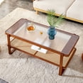 thumbnail image 2 of Modern Simple Rectangle Double-Layer Solid Wood Glass Desktop Tea Table Rattan Woven Side Table Small Rectangle Table Suitable for Living Room, Dining Room and Bedroom (Walnut), 2 of 12