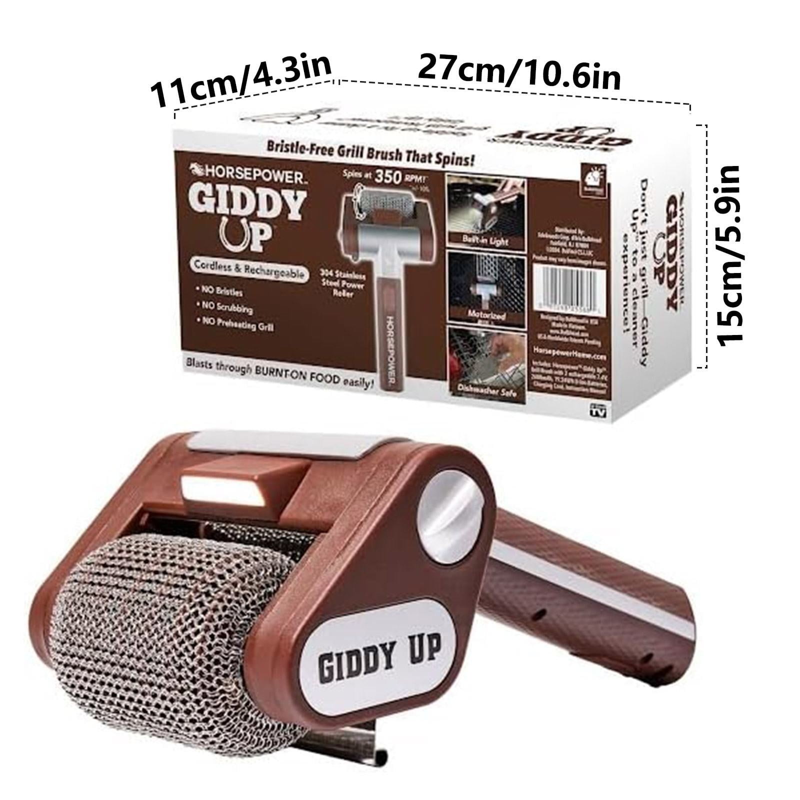 Horsepower Giddy Up Bristle-Free BBQ Grill Brush, Cordless and Rechargeable, 350 RPM Power Spinner with LED Light, 304 Stainless Steel Roller, Electric Grill Cleaner Tool, AS-SEEN-ON-TV, No Bristles