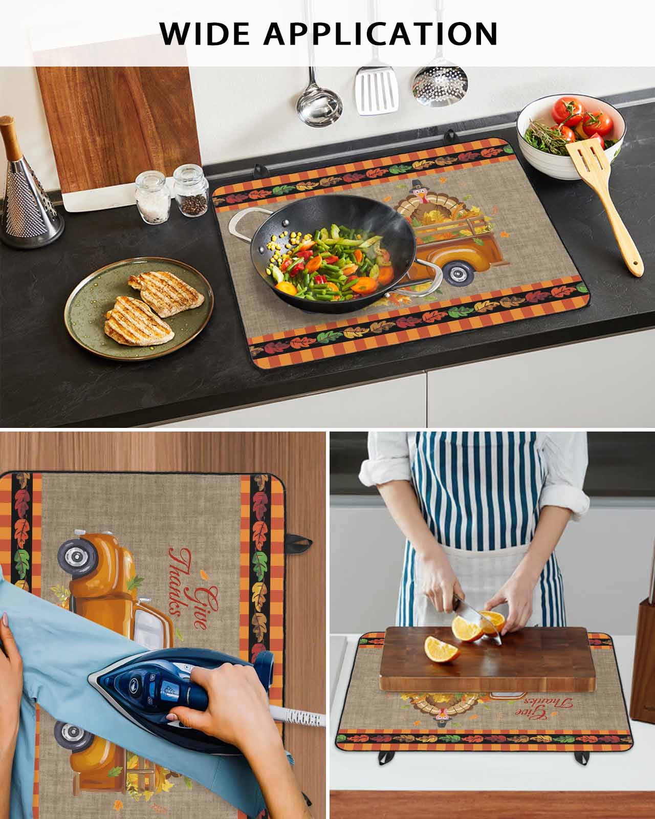Large Induction Cooktop Protector Mat Thanksgiving Stove Top Covers for Electric Stove, Fall Brown Orange Truck Maple Leaves Turkey Decorative Stove Burner Cover Mats, Glass Top Stove Cover