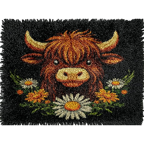 DIY Latch Hook Kits Rug Little Highland Cow and Daisy Crochet Yarn Pre-Printed Cushion Embroidery Needlework Carpet Cover DIY Hook and Latch Kit Tapestry Christmas Decor 38x52cm(12)