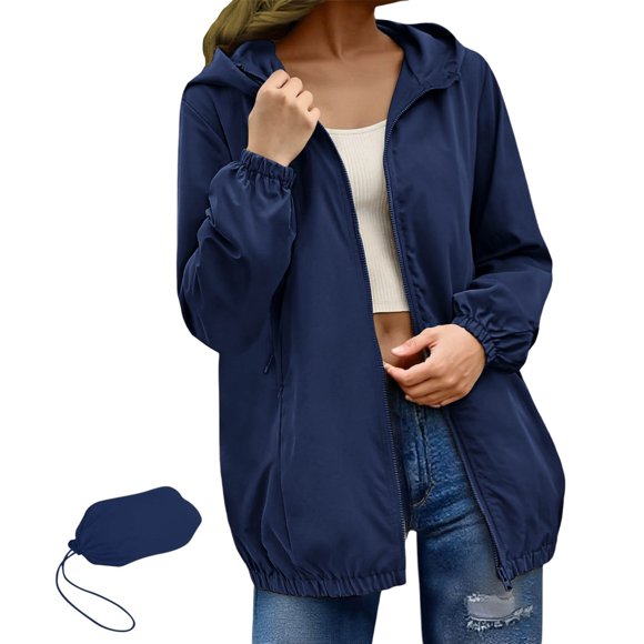 Bwiyojiz Fashion Clothing Sizes S-XXL Women's Jackets Women Solid Portable Waterproof Raincoat Rain Jackets Packaway Coats with Hoodie, Gifts for Friend, Blue, XL