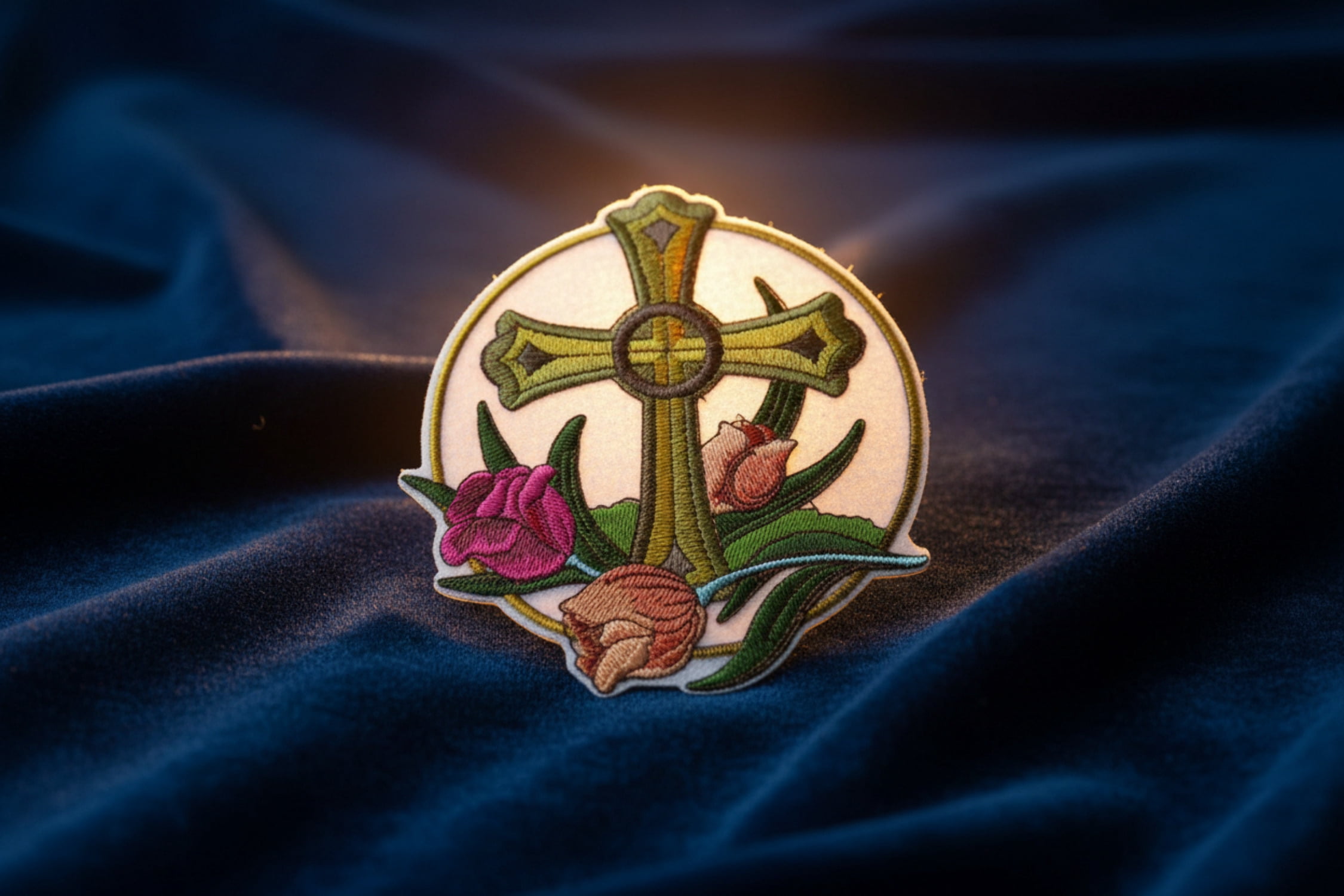 Holy Sacred Cross and Tulip Embroidery Iron On/Sew patch [5" x 5.15"]