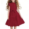 thumbnail image 2 of MKOSPLRT Girls Summer Dresses Fly Sleeve Mock Neck Linen Dresses Casual Flowy Ruffle Tiered Midi Dresses Solid Swing Party Dress with Belt, 2 of 6
