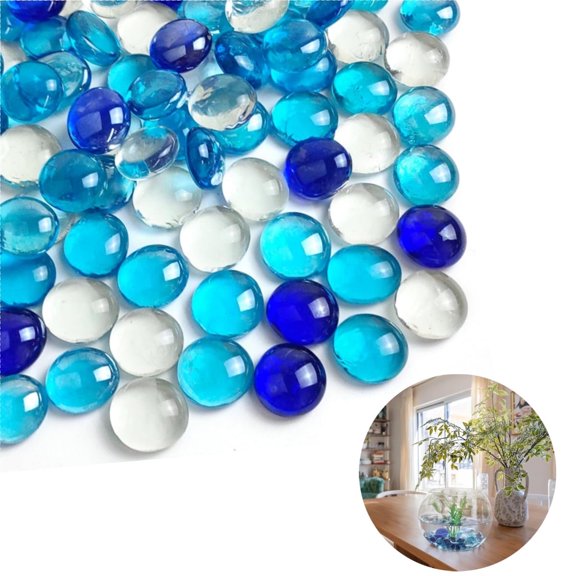 QZS Mix Blue Color Glass Beads,0.66lb Portable Glass Pebbles Decorative,Durable Flat Floral Beads for Vases,Table,Scatter,Home Decor