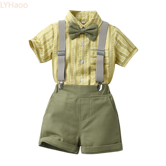 LYHaoo Toddler Boys Short Sleeve Striped T Shirt Tops Suspenders Shorts Child Kids Gentleman Outfits Boys School Clothing Sets Sizes (18-24 Months)