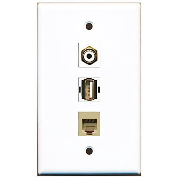 RiteAV - 1 Port RCA White and 1 Port USB A-A and 1 Port Phone RJ11 RJ12 Beige Wall Plate