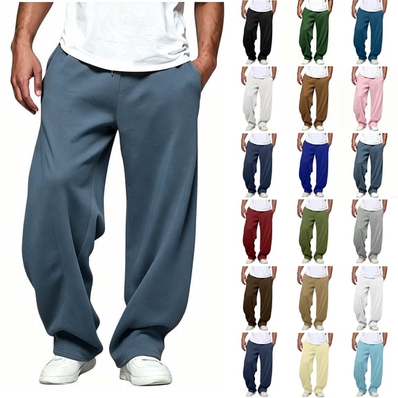 Hvogkswy Baggy Sweatpants for Men Fashion Solid Drawstring Elastic Waist Sweatpants Soft Lightweight Casual Wide Leg Pants with Pockets