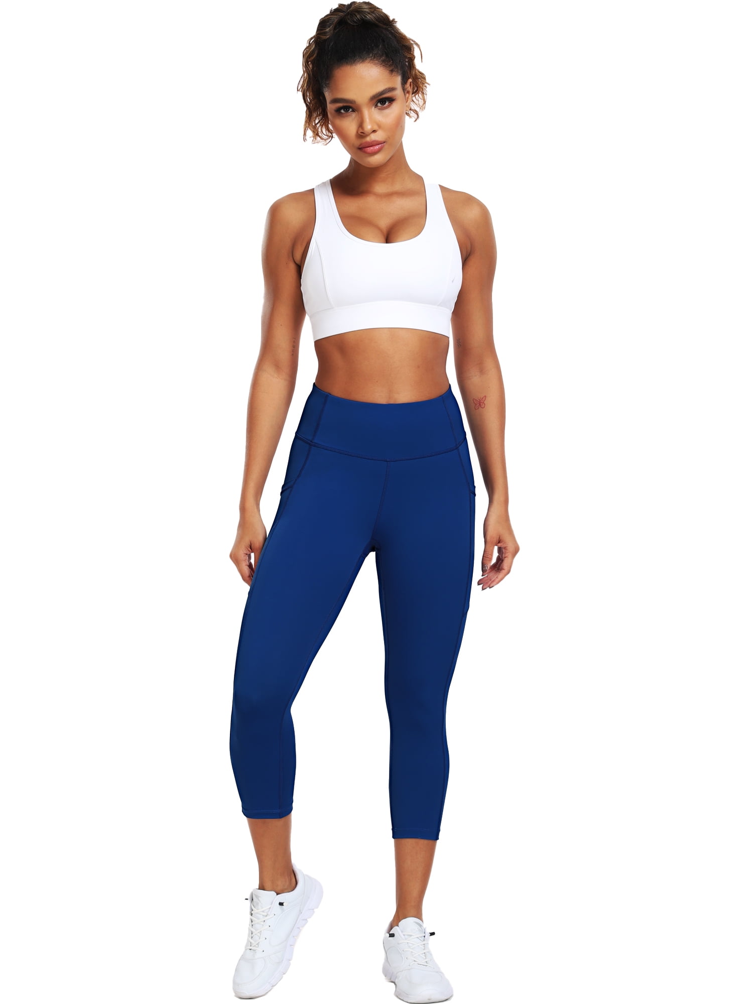 NELEUS Womens High Waist Capri Yoga Leggings Cropped Pant for Workout with Two Pockets,Navy Blue,US Size L