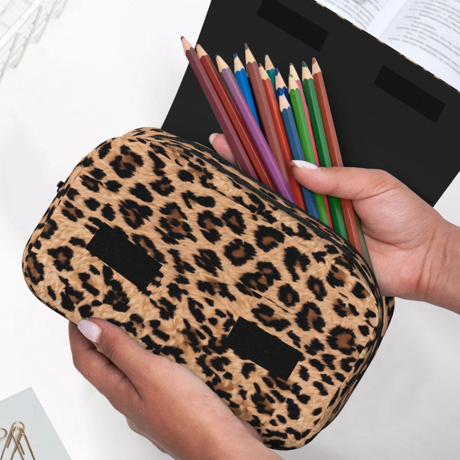 Large-Capacity Flip-Top Double-Layer Pencil Case, Multi-Functional Pocket Pen Case, Durable Stationery Organizer Animal Leopard Pattern (2)