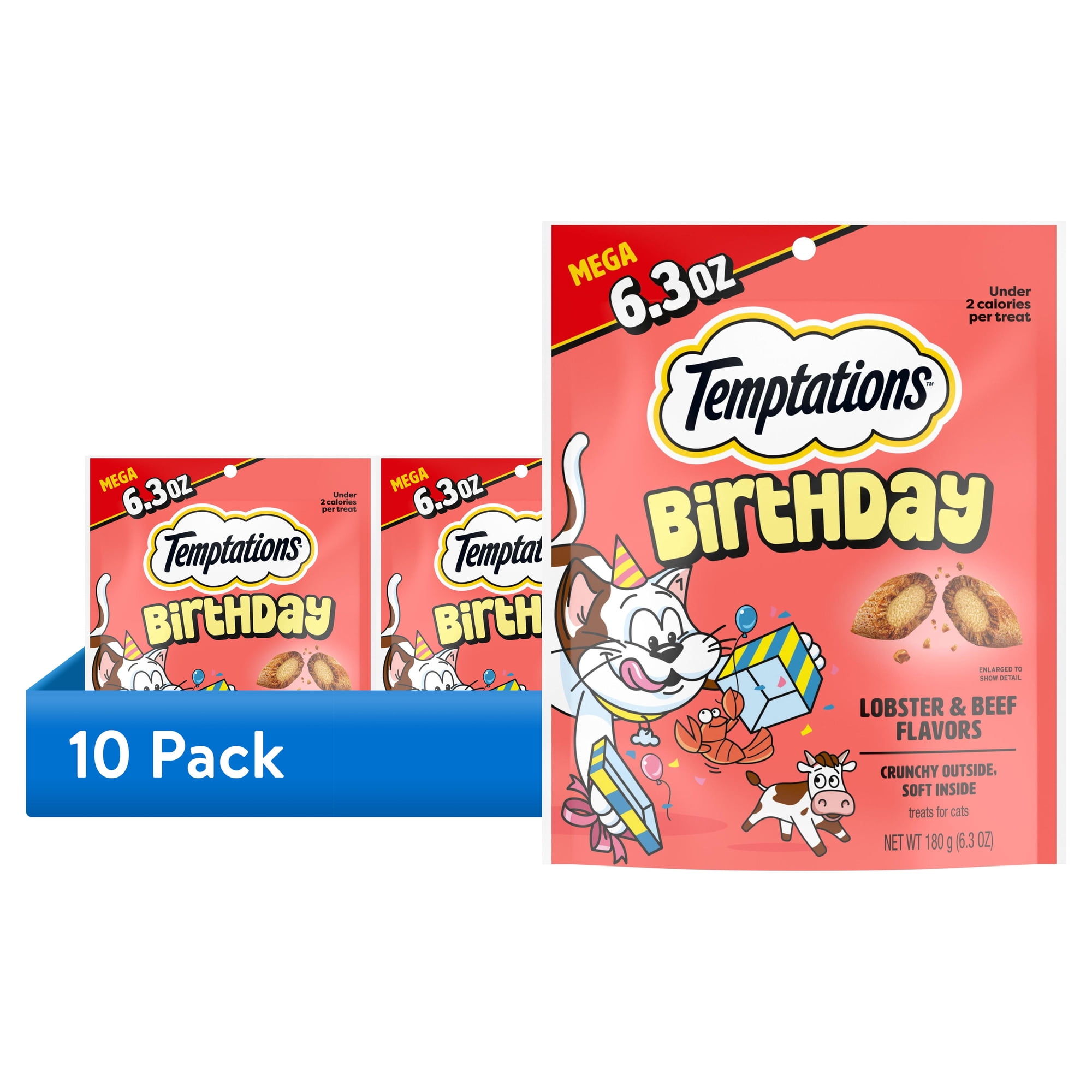 (10 pack) Temptations Birthday Lobster & Beef Flavor Crunchy & Soft Cat Treats, 6.3 oz Pouch