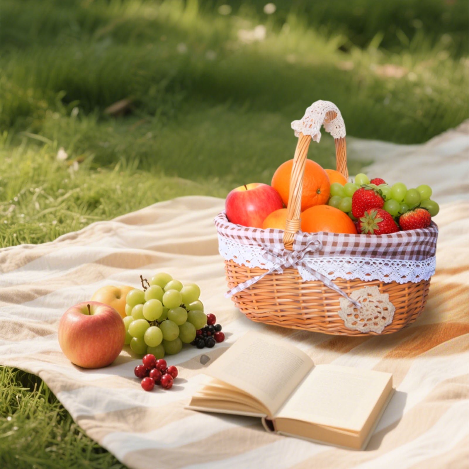 Natural Wicker Basket with Double Handles & Washable Gingham Liner, Small Hand Woven Empty Basket for Easter Gifts, Picnics, Home Decor, Candy Fruit Storage