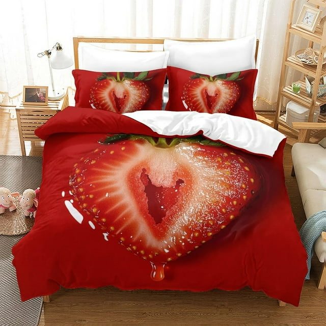 Strawberry Comforter Cover Set Children Adult Cute Fruit Dessert Bedding Cover Set Bed Gift,Full (80"x90")