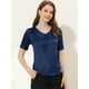 thumbnail image 2 of Blusa de Satén de manga corta Allegra K con Decoración de botones y cuello Vuelto para Mujer Azul Oscuro L, 2 of 5