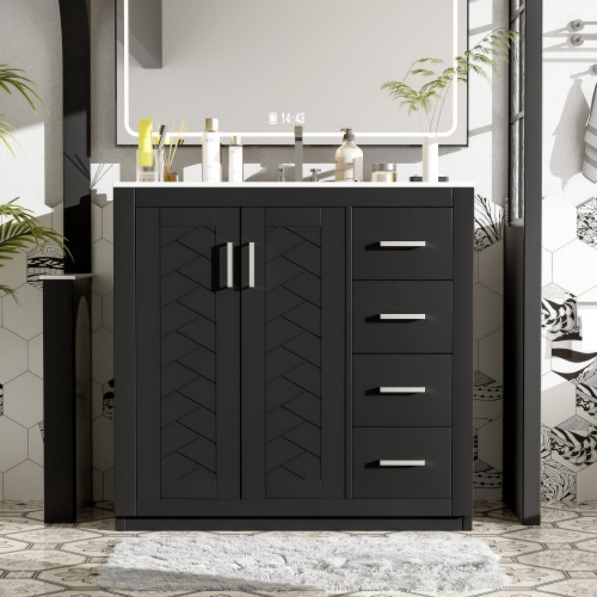 36" Bathroom Vanity with Ceramic Sink Combo, Freestanding Bathroom Vanity with 3 Drawers, 2 Doors, Solid Wood Frame, Black