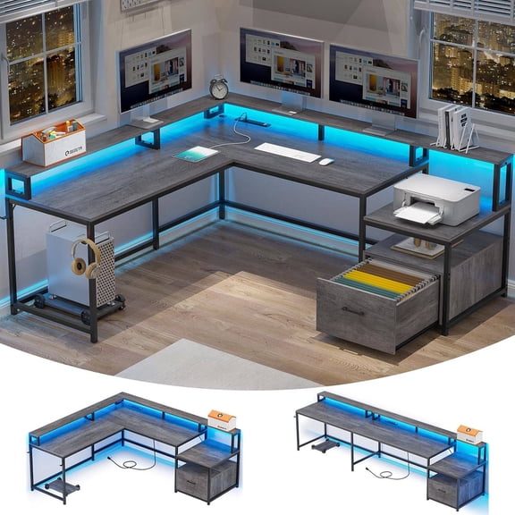 L-Shaped Home Office Desk, 66" Corner Computer Desk with File Drawer, Monitor Shelf & Printer Storage, Grey