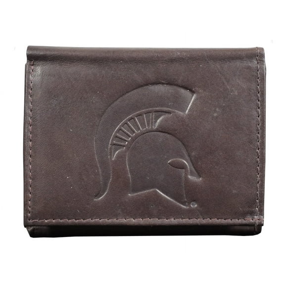 Michigan State Embossed Trifold Wallet - Soft Dark Brown Leather - with Worn Distressed Look