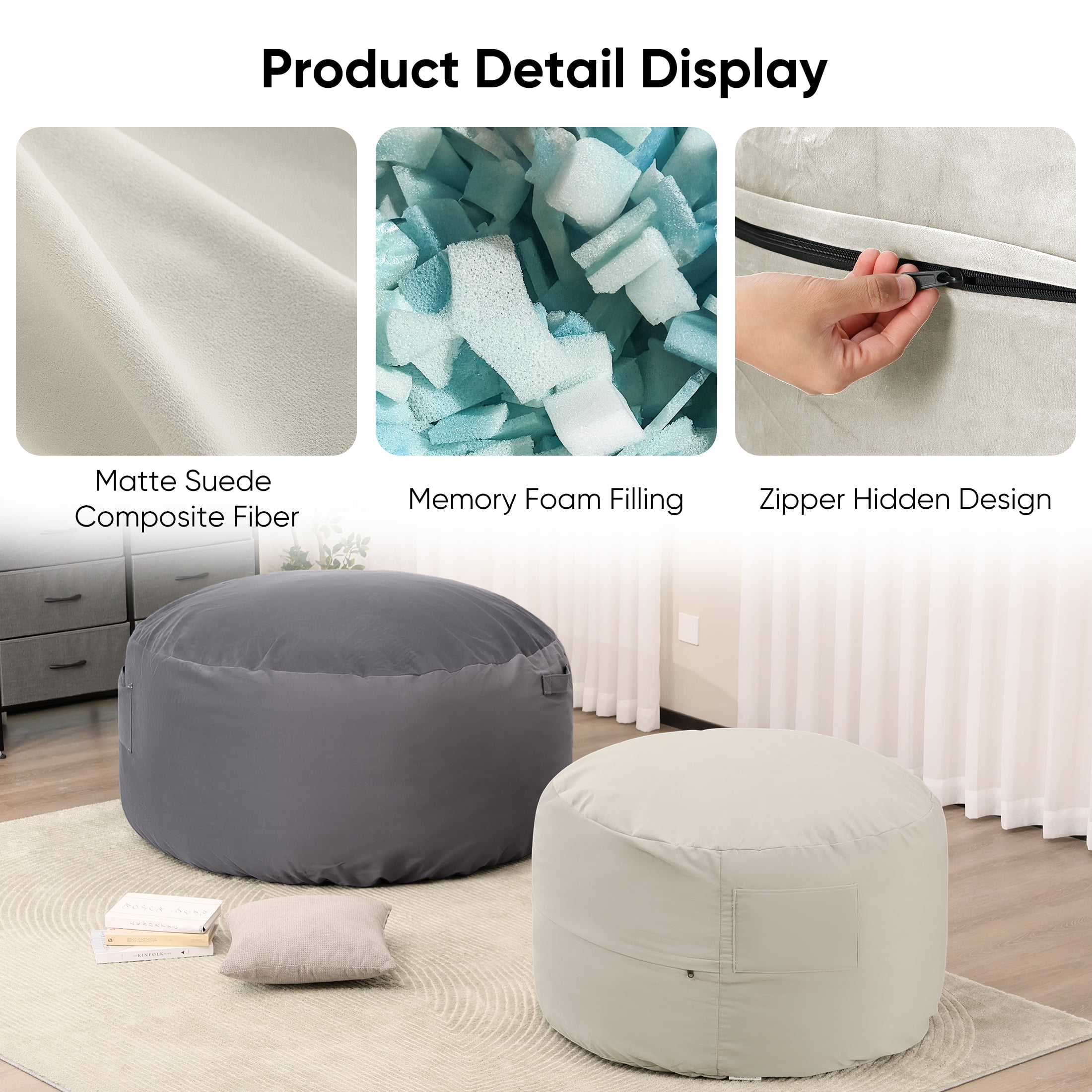 edx Bean Bag Sofa Chair 3Ft, Removable and Washable Matte Velvet Fabric Cover, Memory Foam Filling for Adults for Home, Grey
