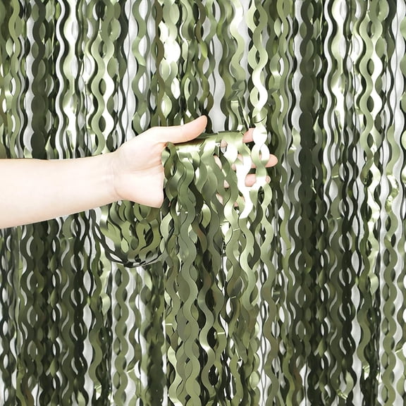 4 Pack Wavy Streamer Backdrop Curtains, Olive Green 6ft Foil Fringe Decor for Jungle Dinosaur Animal Party Photo Booth St Patrick's Day Football, 3x6