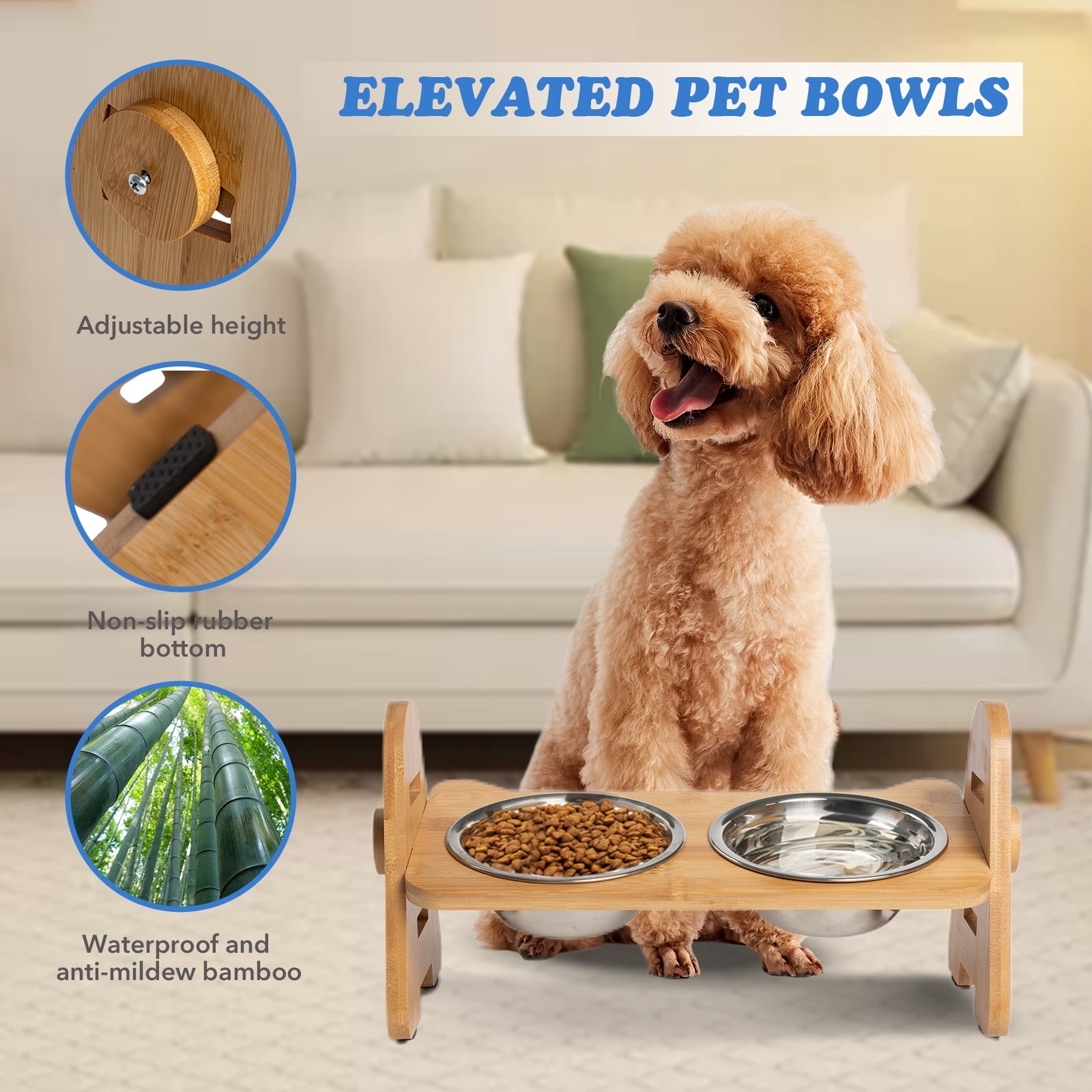 Kitgo Adjustable Elevated Stainless Steel Bowl for Dogs and Cats, Durable Bamboo Frame Feeding Tray Dog Bowl, 15° Tilt Elevation with 2 Stainless Steel Bowls and Non-Slip Feet