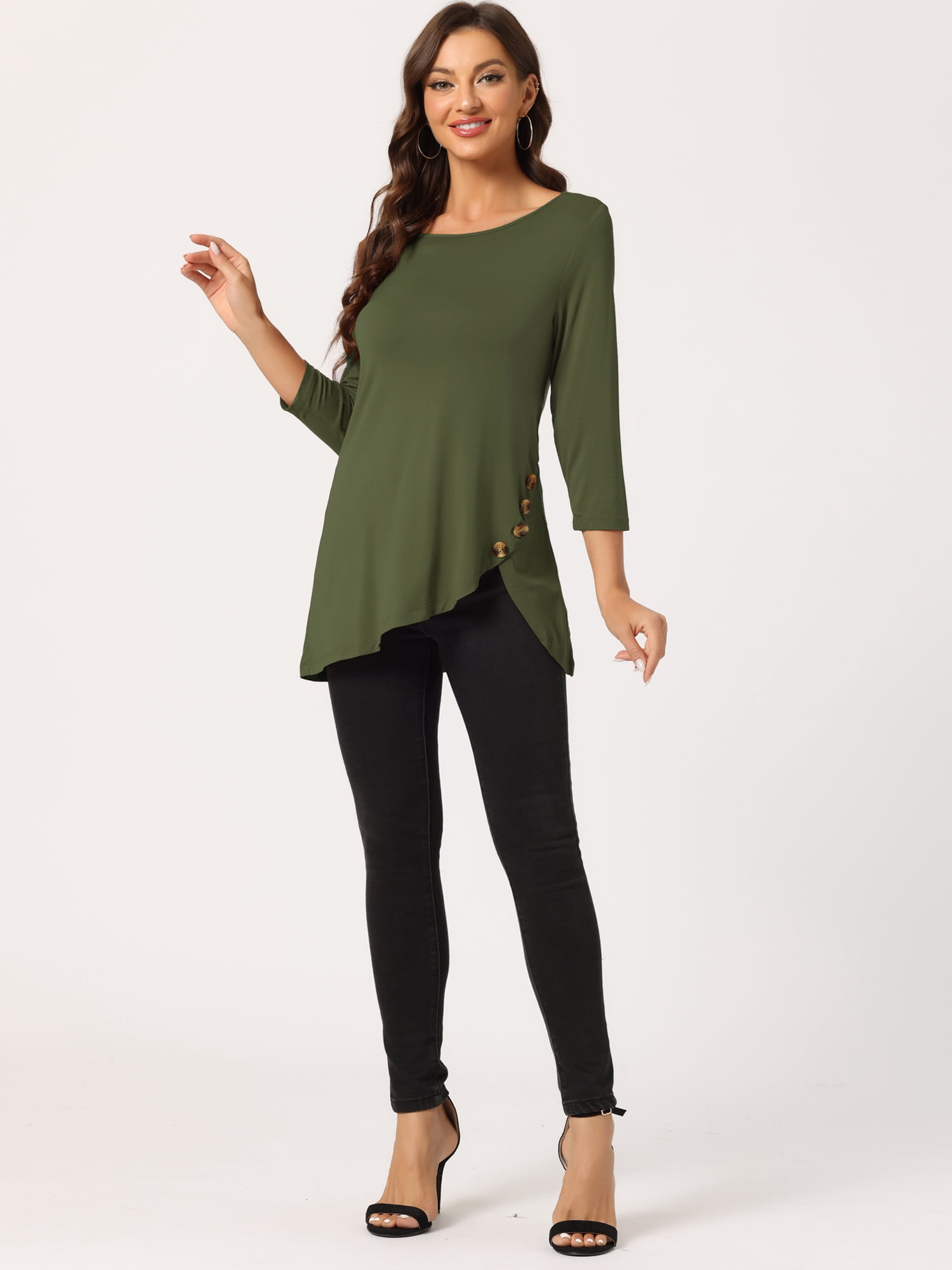 DARING DIVA Women's Casual Stretchy Tunic Asymmetric Hem Top XS Army Green