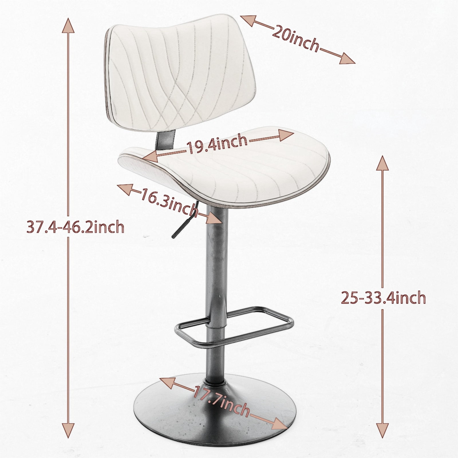 PORKISS Swivel Bar Stools Set of 2, Leather Adjustable Bar Height Stools with 360° Rotation, Modern Upholstered Kitchen Chairs with Back and Footrest for Kitchen Island, Black