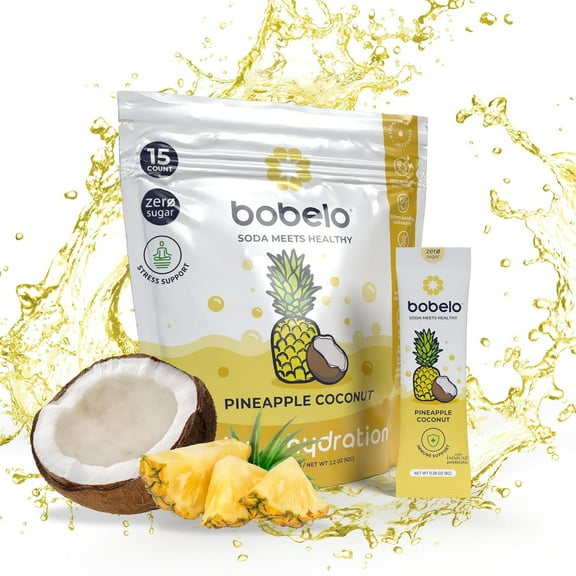 Bobelo Hydration Drink Mix, Pineapple Coconut, Electrolyte Powder, Stress Support, 15 Ct, 0.28 oz