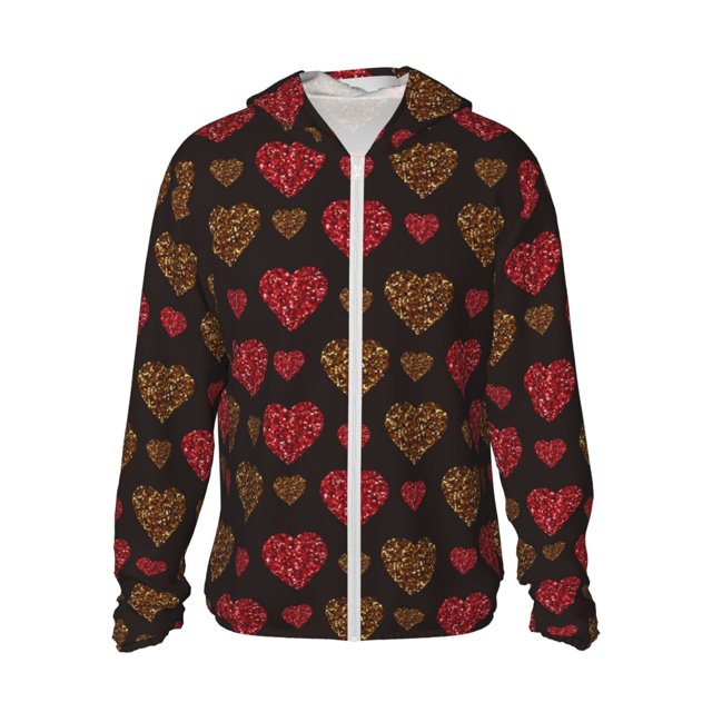 Balery Gold Glitter Heart Sudadera ligera de manga larga con capucha y protección solar UPF 50+ para hombre y mujer, ideal para pesca y running-X-Large
