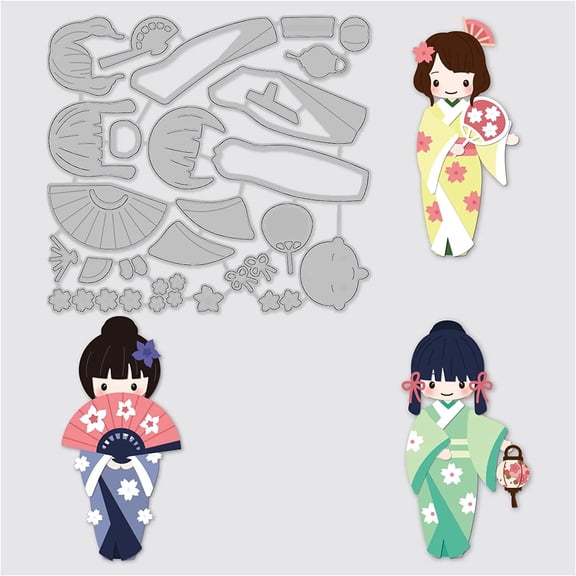 5x4.6inch Oriental Metal Cutting Dies Japanese Geisha Kimono Fan Embossing Stencils Template