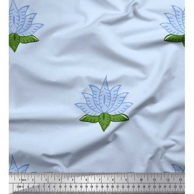 Soimoi Poly Georgette Fabric Leaves & Lotus Block Fabric Prints by Yard 52 Inch Wide