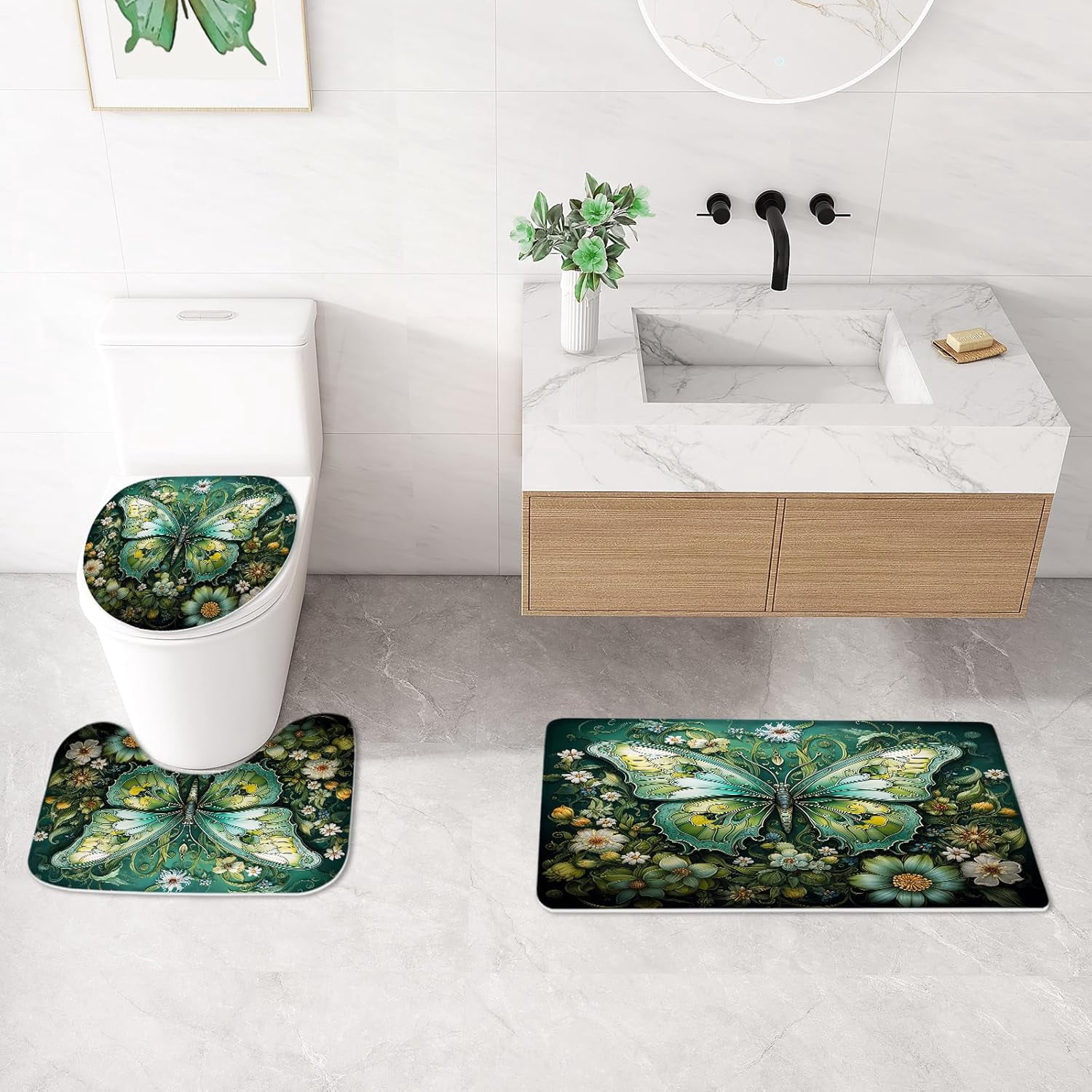 4 Pcs Purple Butterfly Shower Curtain Set with Non-Slip Rugs, Modern Toilet Lid Cover and Bath Mat, Floral Chic Bathroom Decor Set with Shower Curtain and Rugs