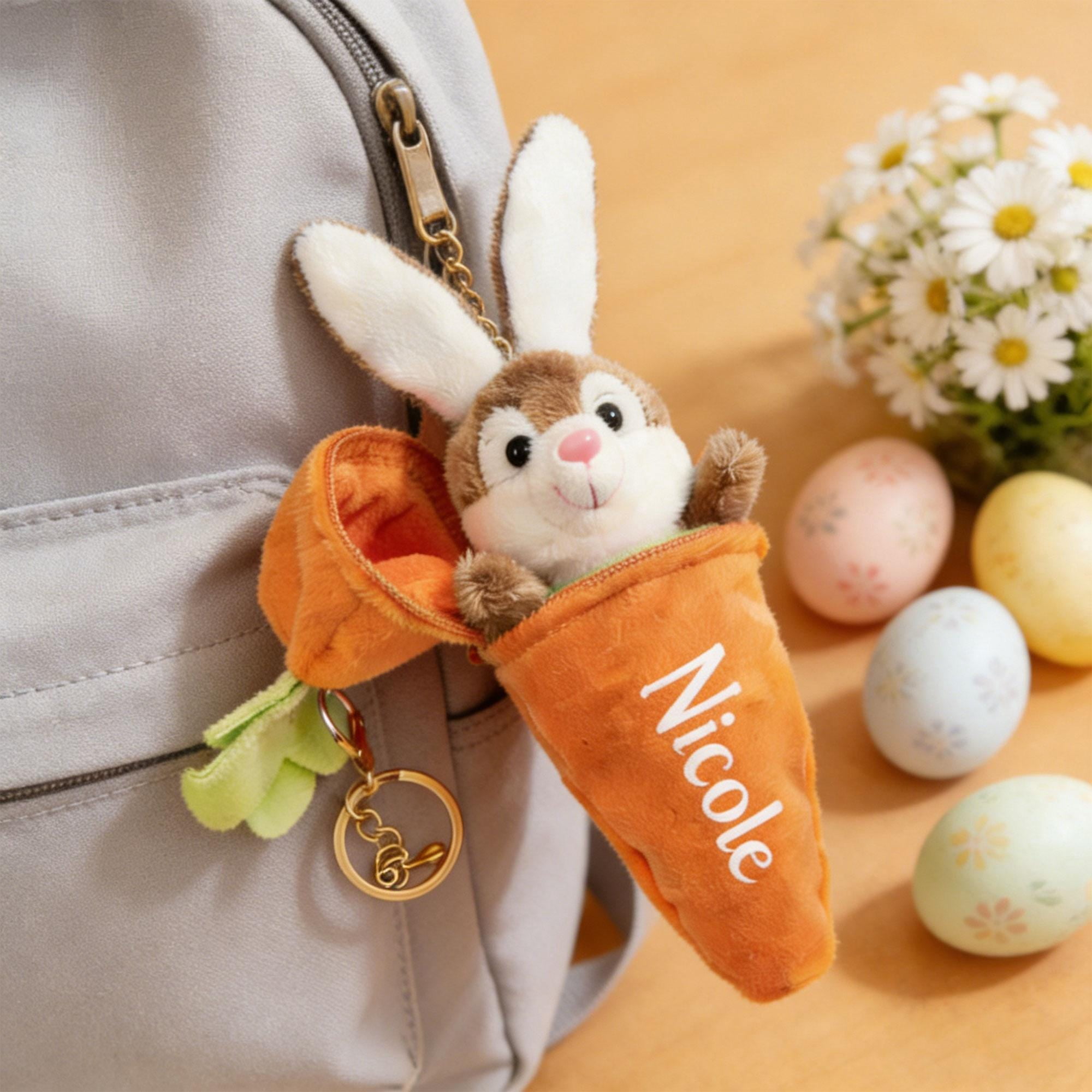 Personalized Easter Bunny Plush Accessory in Carrot Pouch – Custom Name Rabbit Gift