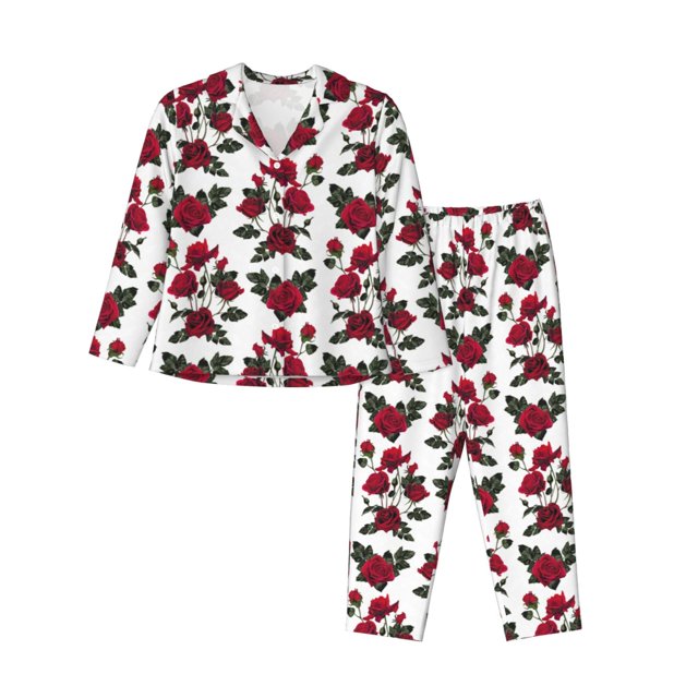 Balery Rose Flowers Conjunto de Pijama con Estampado para Mujer, Conjunto de Dos Piezas con Manga Larga, Ropa de Dormir Suave con Bolsillos, Pijamas Cómodos-Small