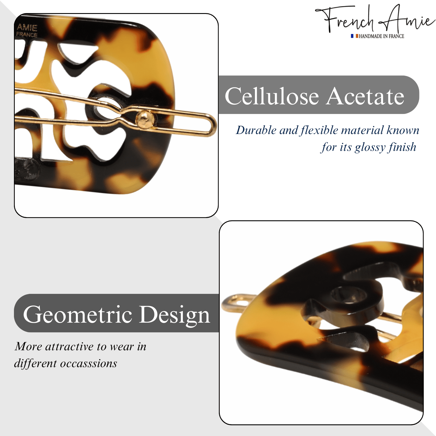 French Amie Swirls 2 ¼” Celluloid Handmade Tige Boule Snap Hair Clips for Women (WhiteTokyo, 2Pcs)