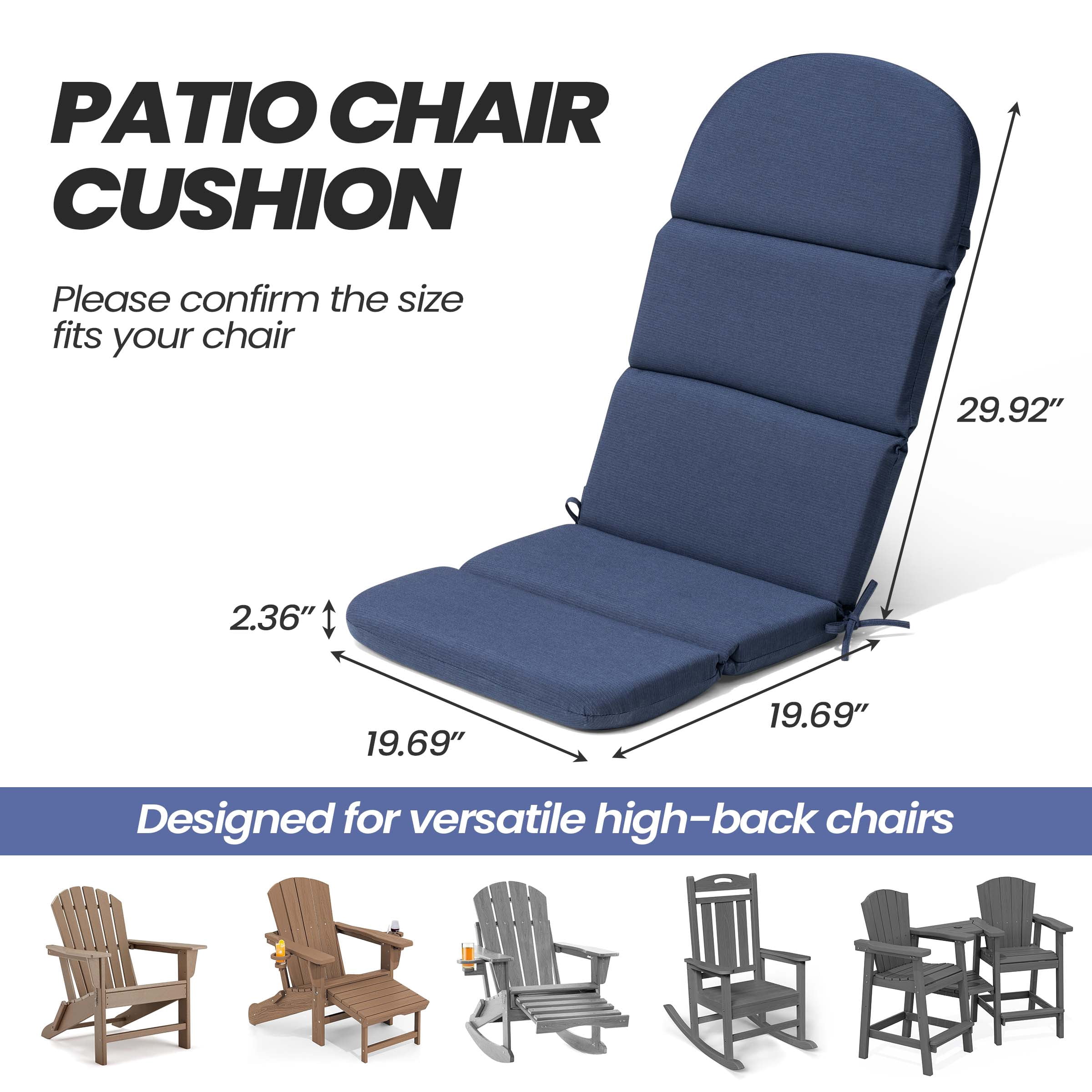 Crestlive 50x19.6 Inch Adirondack Chair Cushion, Waterproof, Fade Resistant, High Back Outdoor Rocking Chair Cushion for Patio, Navy