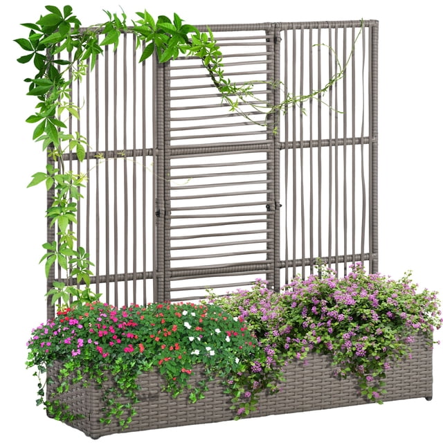 Outsunny Rattan Outdoor Planter with Trellis, Raised Garden Bed, Grey