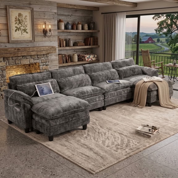 Howcool 148" U-Shaped Modern Sofa Modular Sectional Cloud Couch with 2 Ottoman, 6-Seat Chenille Deep Seat Sofa for Living Room, Bedroom and Apartment, Grey