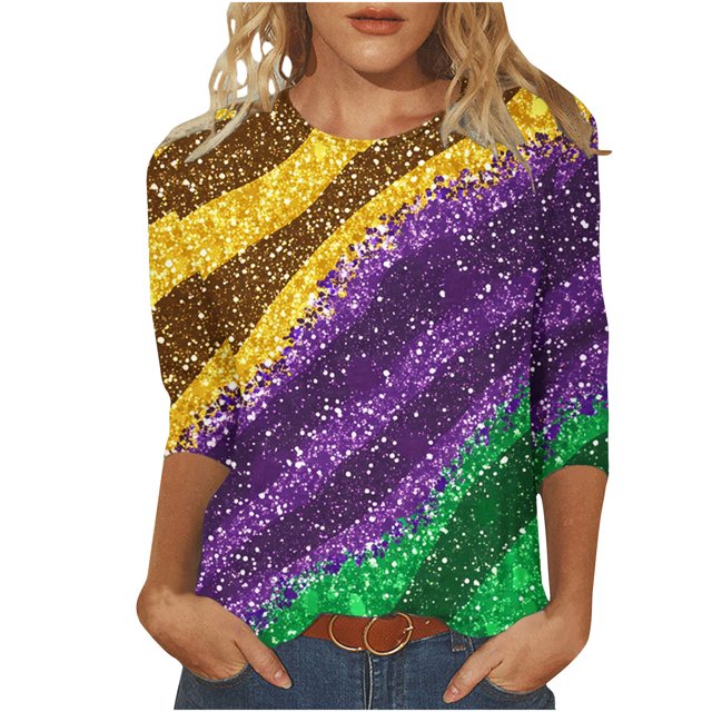 Penkiiy 2024 Chemise Manches 3/4 Mardi Gras Blouse Fantaisie pour Femmes Tunique à Imprimé Masque de Carnaval Fête à Thème Col Rond T-Shirt 3TG Multicolore