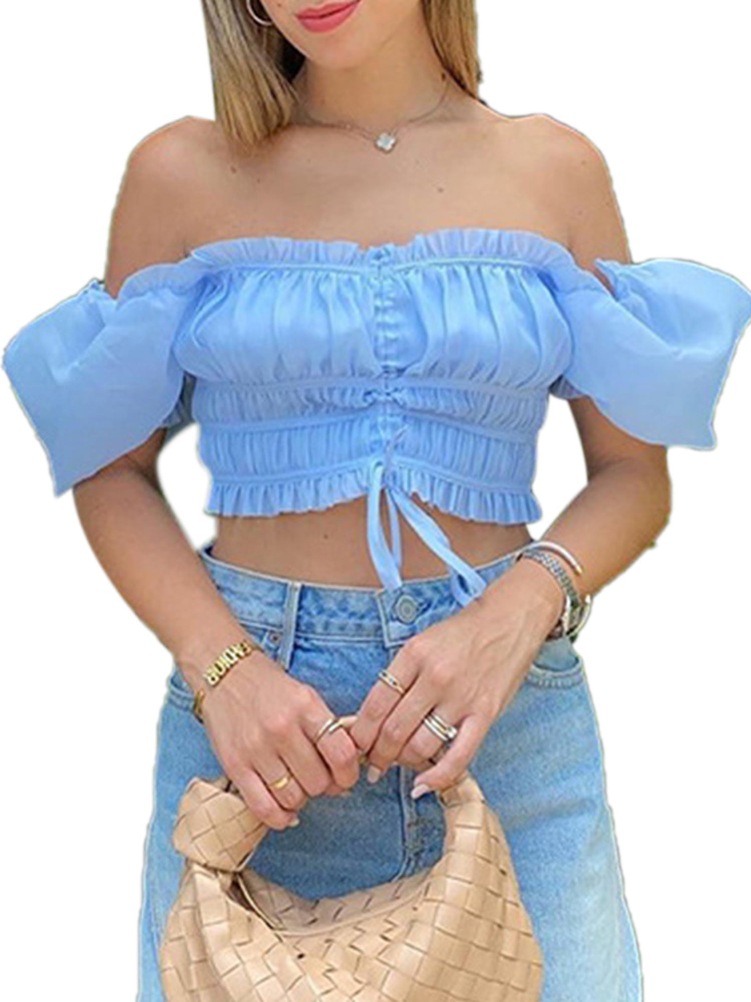 Blue BCBGeneration Puff Sleeve Top in Baby Blue Womens Clothing Tops Short-sleeve tops 
