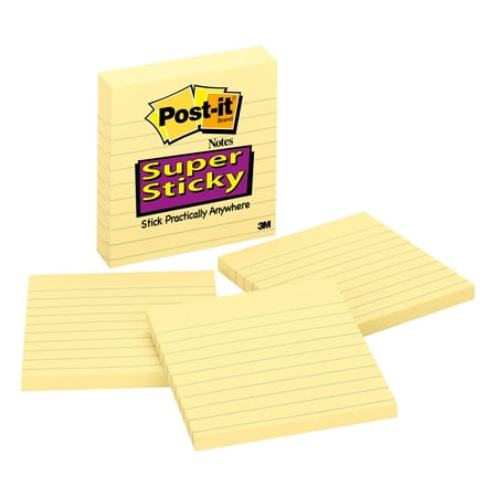 3 Pack Lap Pads - Post-it Super Sticky Lined Notes 3 Pack, 4in. X 4in., Canary Yellow, 3 Pads per Pack, 70 Sheets per Pad, 210 Total Sheets