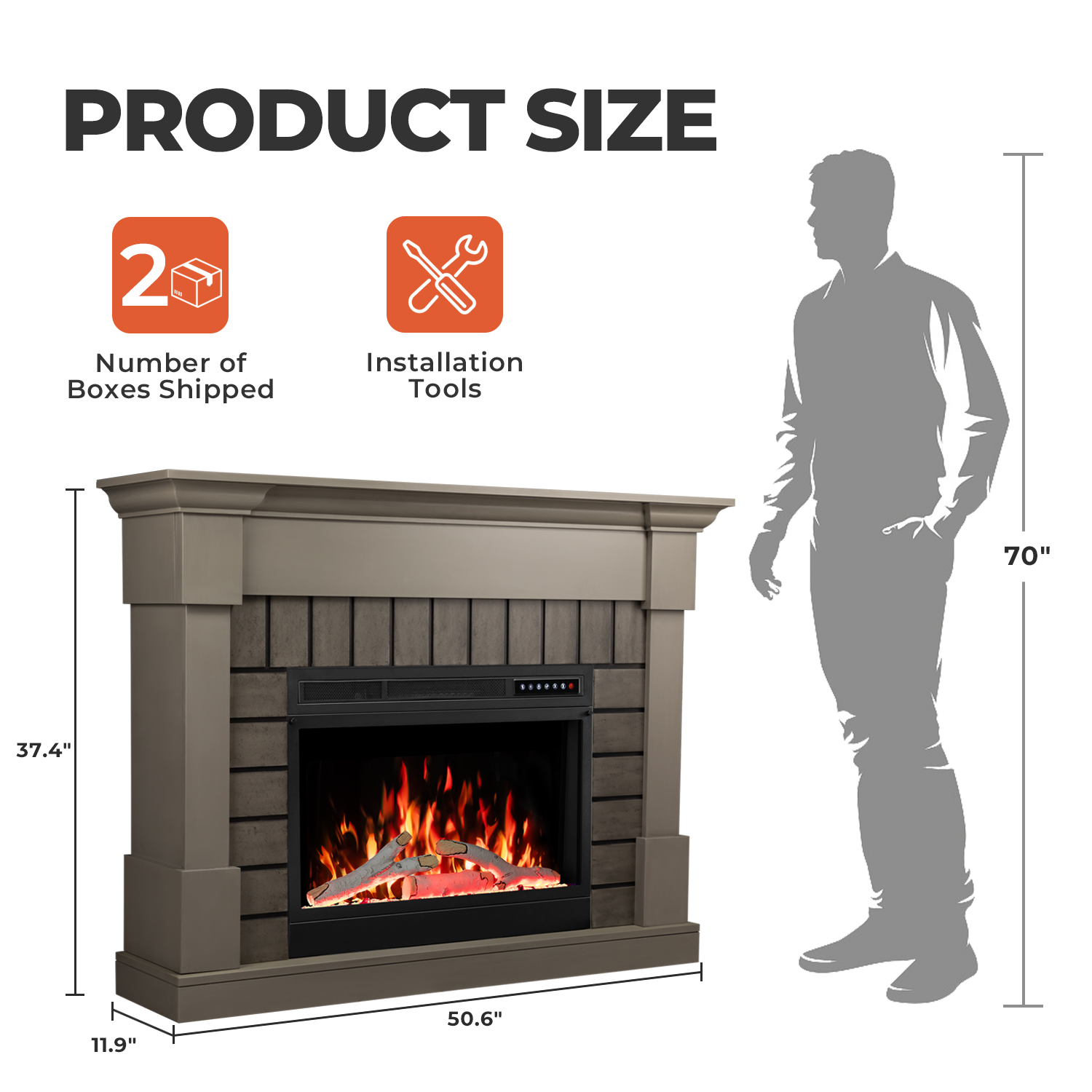WAA Electric Fireplace Mantel Package Wooden Surround Firebox TV Stand Free Standing Electric Fireplace Heater,Remote Control,4 Flame Colors,12 Flame Bed Colors,5 Flame Brightness,5 Speeds,GREY