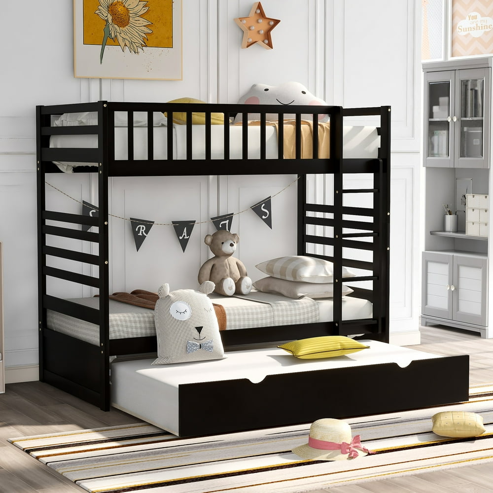 Modern Style Solid Wood Twin over Twin Bunk Bed with Storage Trundle
