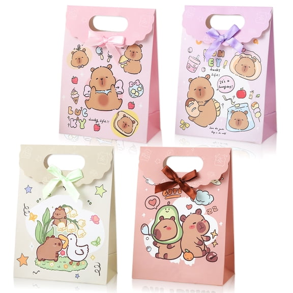 Themed Gift Bags - Cute Designs with Colorful Bows for Party Favors & Decorations 12-Pack