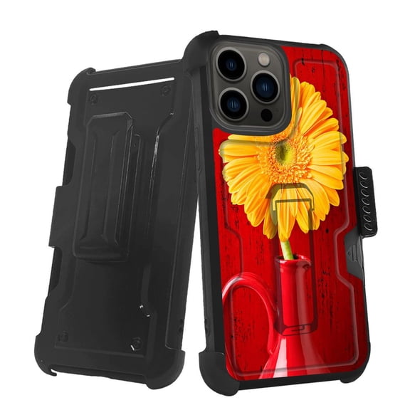 ANJ Rugged Shockproof Holster Case w/Card Slot, Kickstand Tempered Glass for iPhone 13 Pro (6.1") - Sunflower in Vase