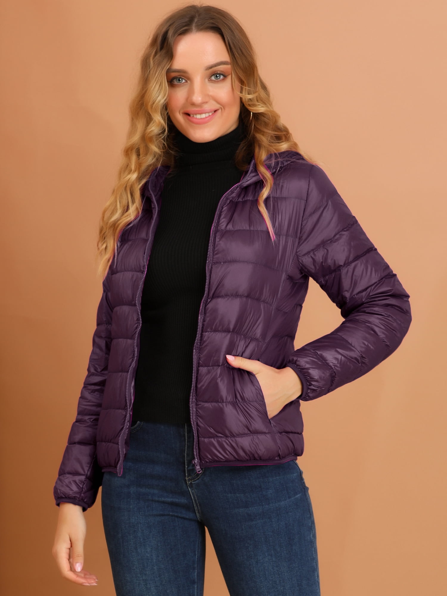 DARING DIVA Women's Hooded Zip Up Short Down Lightweight Jacket XL Purple