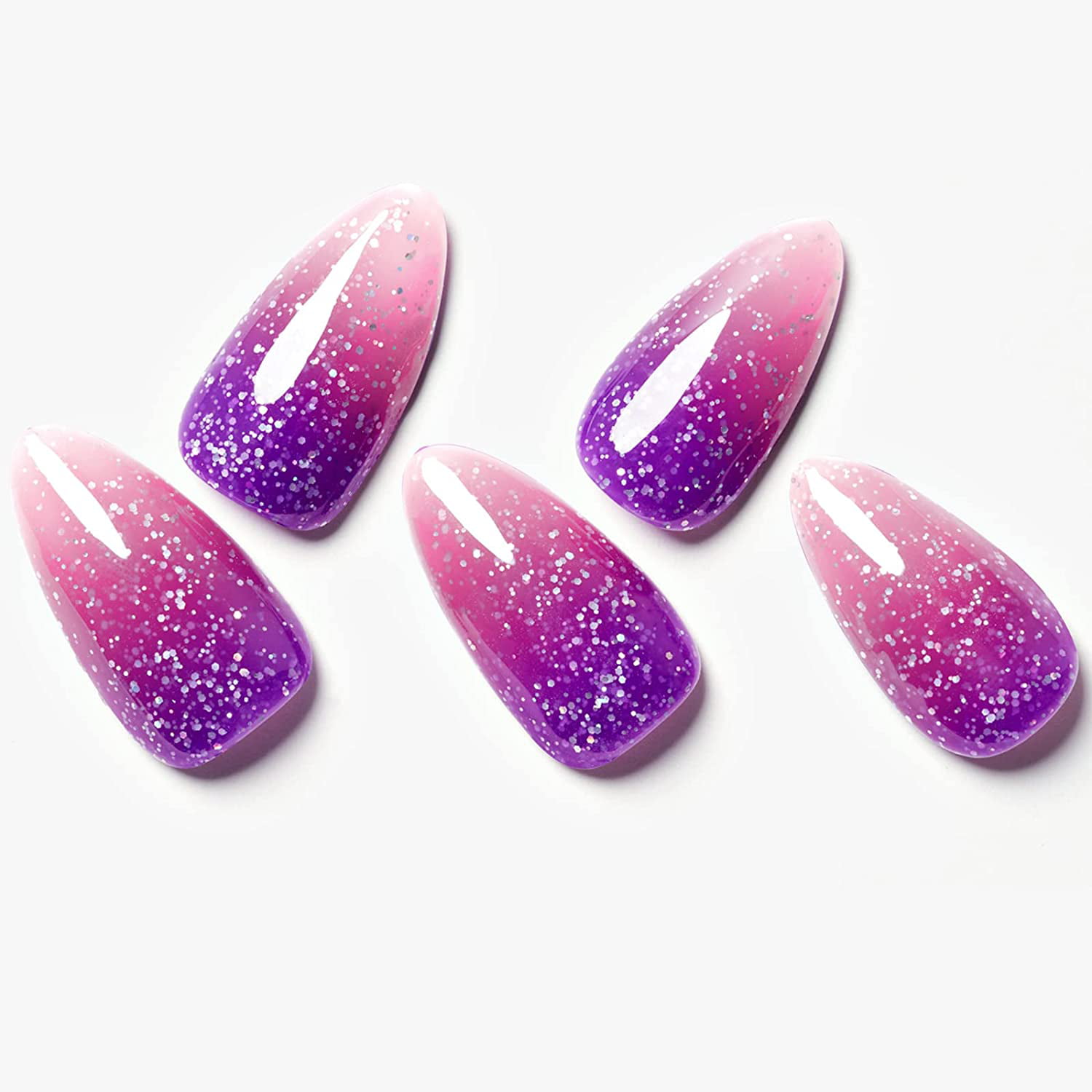Pink Purple Glitter Temperature Mood Change Fake Nails Galaxy Ombre Glue on  Nails Medium Oval Thermochromic Acrylic False Nail Kits Stick on Static  Nails for Women 24 Pcs 