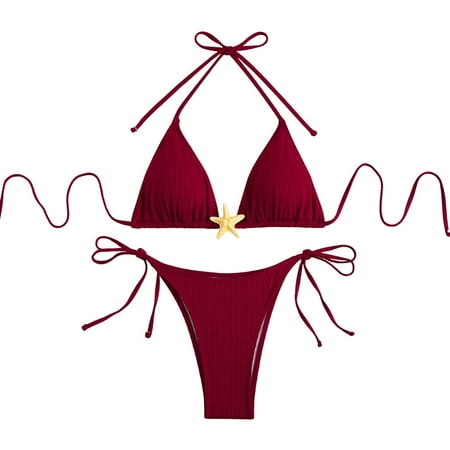 MGCWSH Bikini Sets for Women Halter Two Piece Swimsuit Ribbed High Cut Tie Side Thong Bathing Suit Sexy Padded Swimwear Red L