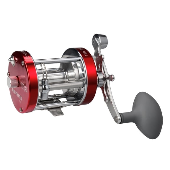 KastKing Round Baitcasting Fishing Reel, Perfect Conventional Reel for Catfish, Salmon/Steelhead,Reinforced Metal Body- Rover-Red