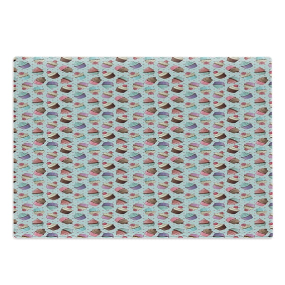 Dessert Cutting Board, Repeating Pattern of Yummy Cupcakes with Rose and Cherry Toppers on Hearts Backdrop, Decorative Tempered Glass Cutting and Serving Board, Large Size, Multicolor, by Ambesonne